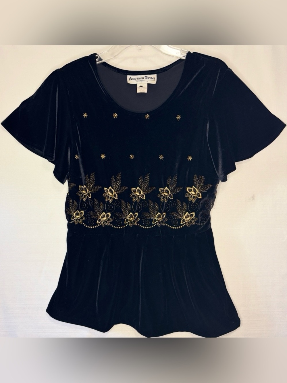 VTG Another Thyme Black Velvet Gold Floral EMB Flutter Sleeve Peplum Top